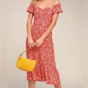 Lulus Off the Shoulder Red Floral Sweetheart Midi Dress - Size S